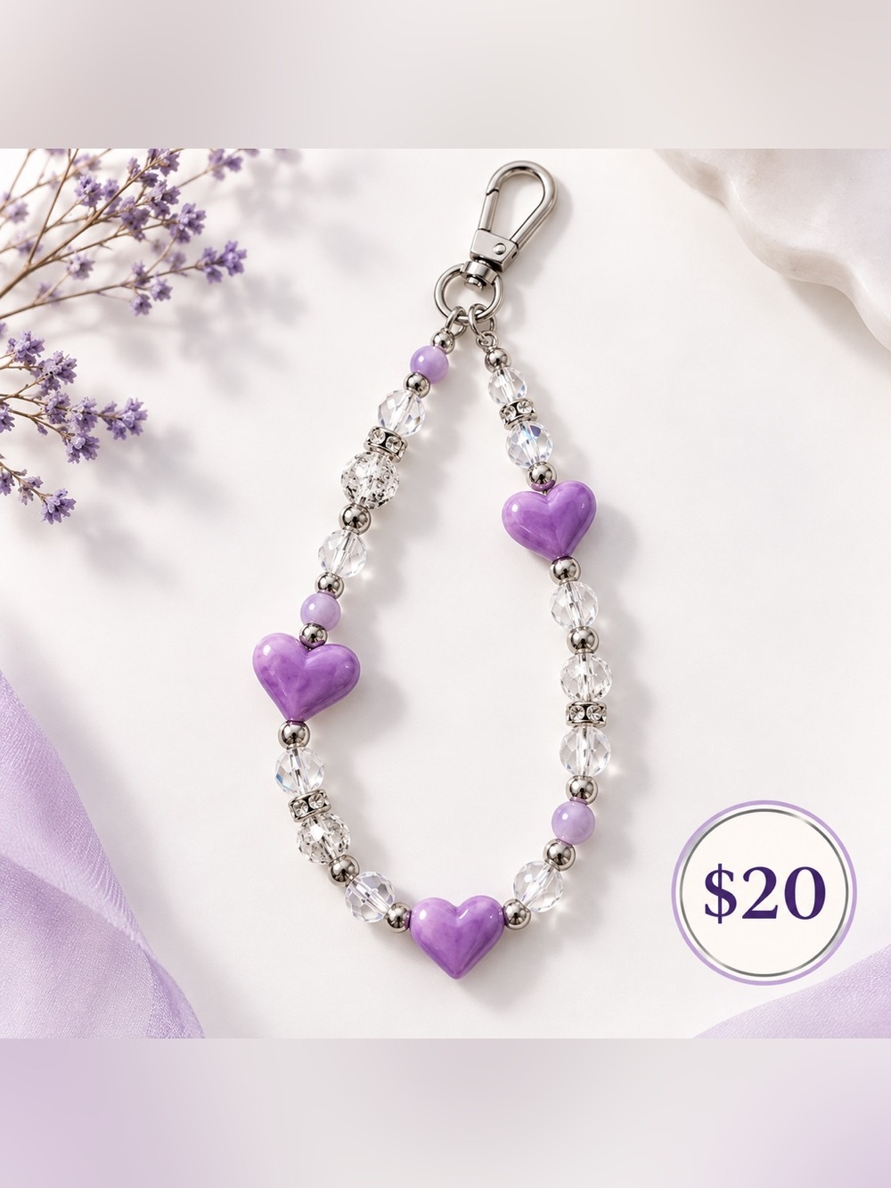 Purple Heart Beaded phone chain